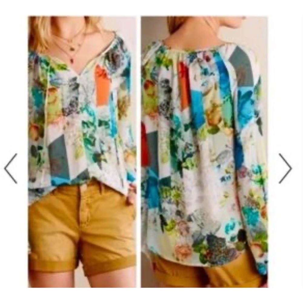 Leifsdottir Anthropologie Peasant Blouse 4 Multicolor Silk Patchwork Boho Artsy
